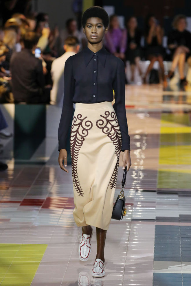 Prada SS20: ожерелья в форме ракушек, папоротник на вышивке и пальто в стиле ретро